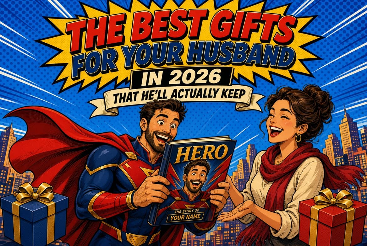 Husband opening a personalized HeroInk superhero comic book gift