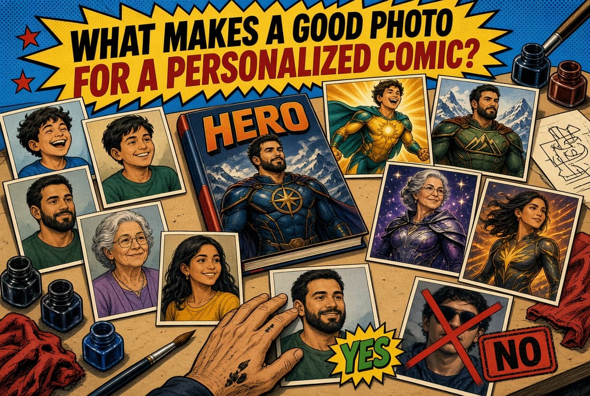 Reference photos spread across an inker's desk, each turning into a superhero portrait, with a clear headshot marked yes and a dark sunglasses shot marked no