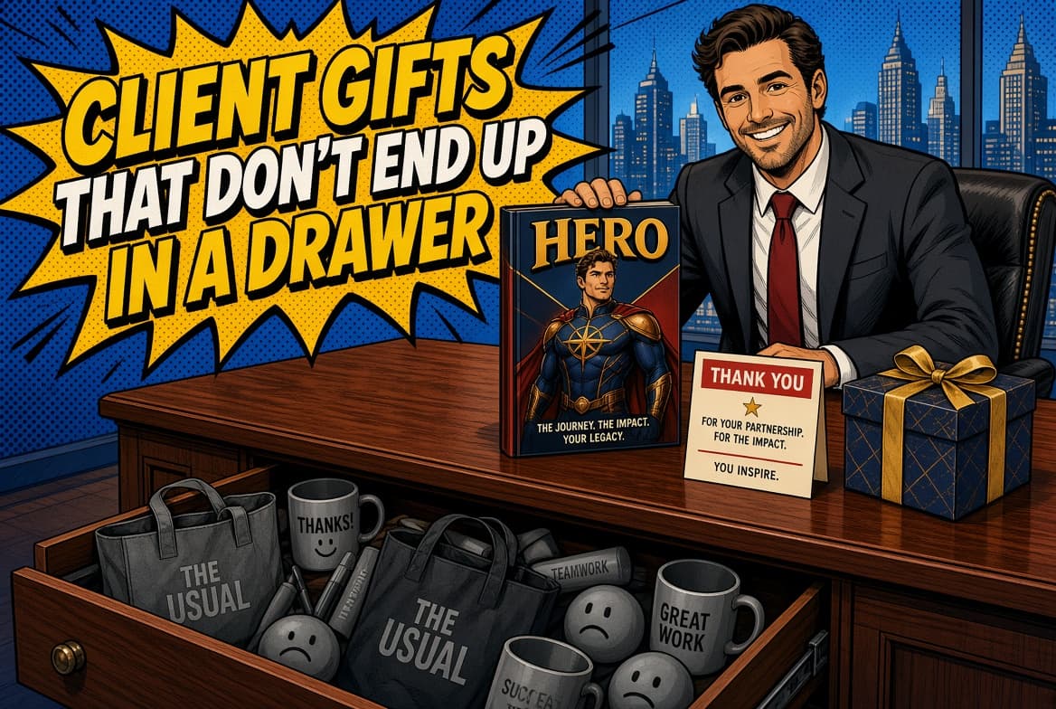 An executive at his desk with a personalized hero comic and a thank-you card, above an open drawer stuffed with unused branded mugs and tote bags