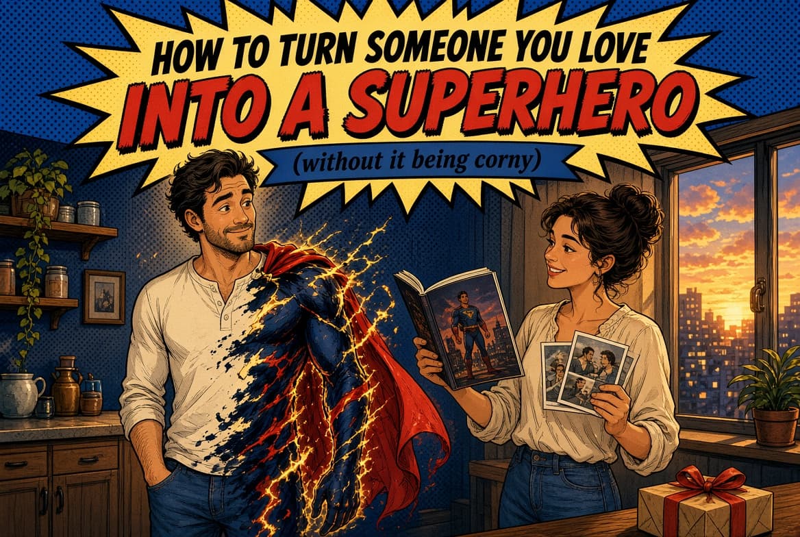 A man at home turning into a caped hero while his partner reads the personalized comic she had made from their photos