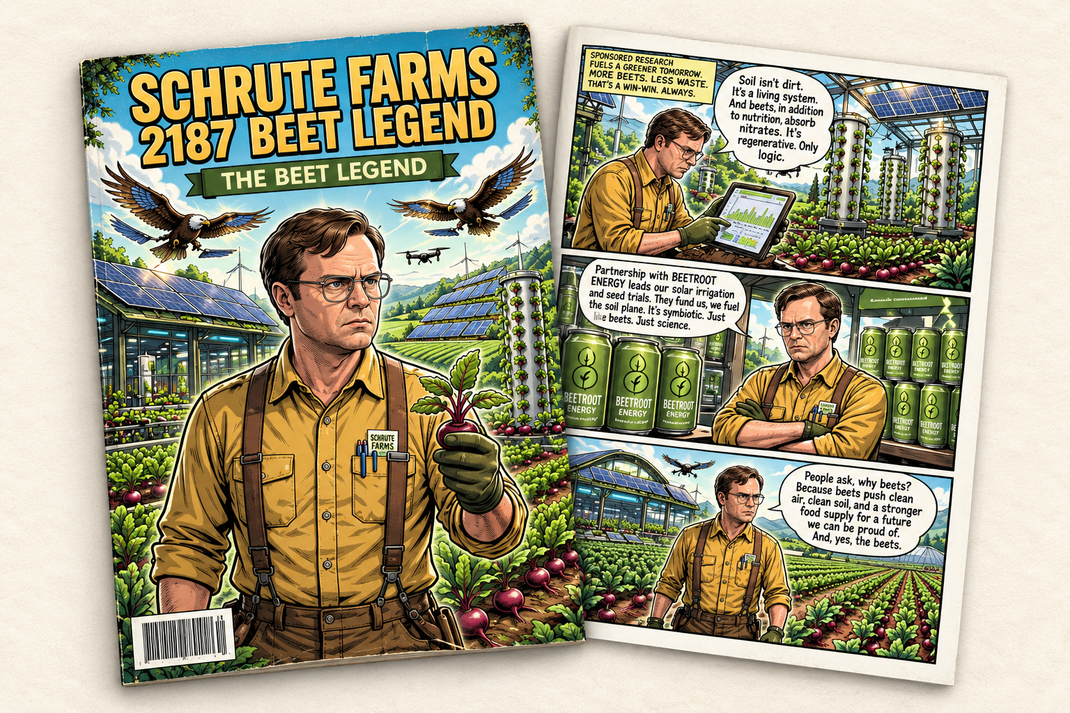 A personalized Schrute Farms comic book spread featuring a beet farmer hero